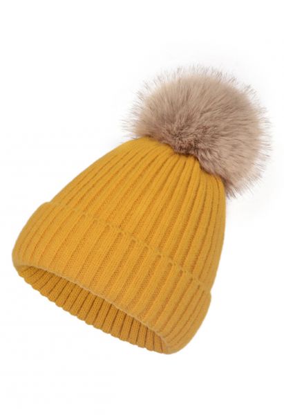 Pom-Pom Ribbed Knit Beanie Hat in Mustard