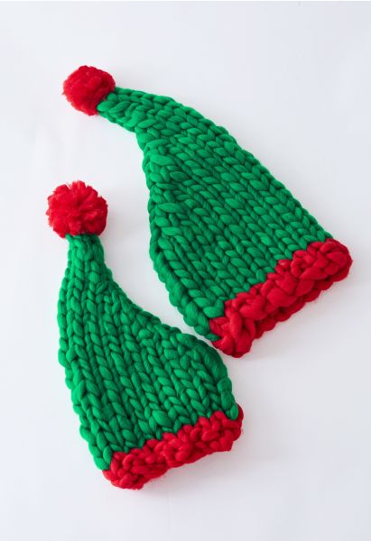 Color Block Braided Hand-Knit Pom-Pom Christmas Hat