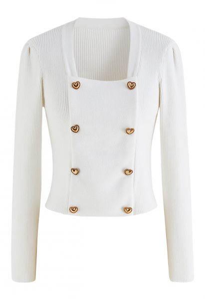 Heart-Shape Buttons Square Neck Knit Top in White