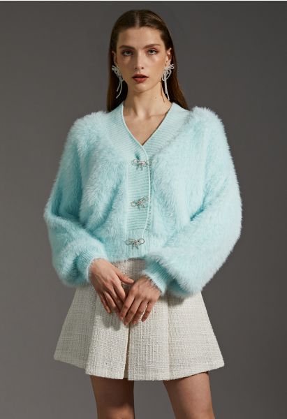 Bowknot Brooch Fuzzy Knit Cardigan in Mint