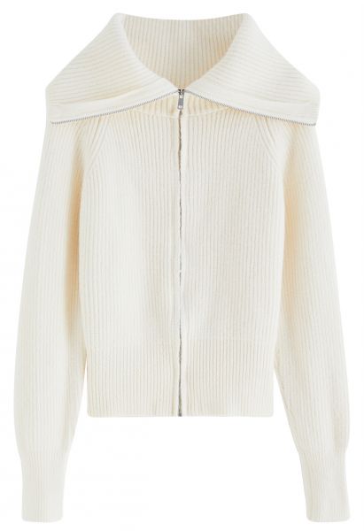 Flap Collar Zipper Ribbed Knit Cardigan in Cream