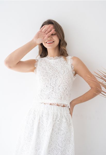 Branch Embroidered Mesh Bra Top in White