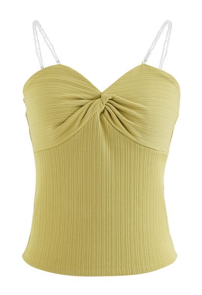 Twisted Front Pearly Straps Crop Tank Top in Lime