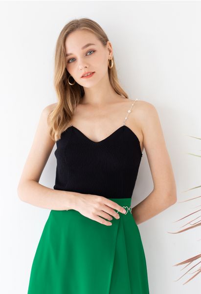 Cropped Knit Pearly Tank Top in Black