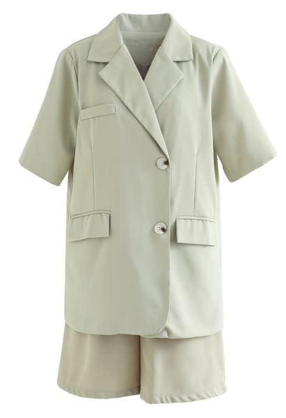 Pockets Padded Shoulder Textured Blazer and Shorts Set in Pea Green