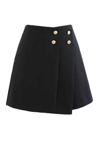 Flap Front Golden Button Trim Skorts in Black