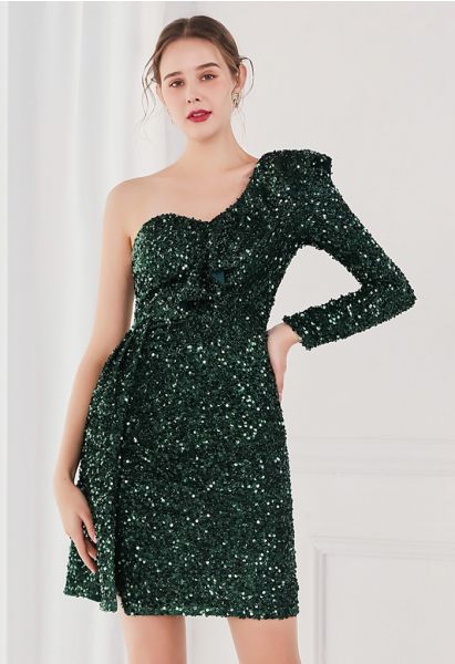 Ruffle One-Shoulder Colorful Sequin Cocktail Dress in Emerald