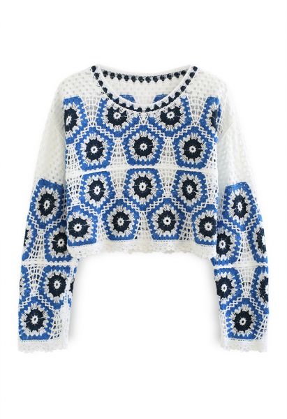 Ruffle Sleeves Full Crochet Crop Top in Dusty Blue - Retro, Indie