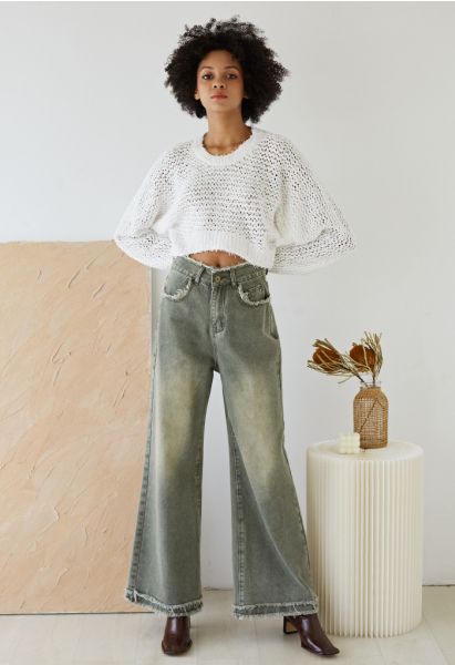 Tassel Trim Washed Wide-Leg Jeans in Sage