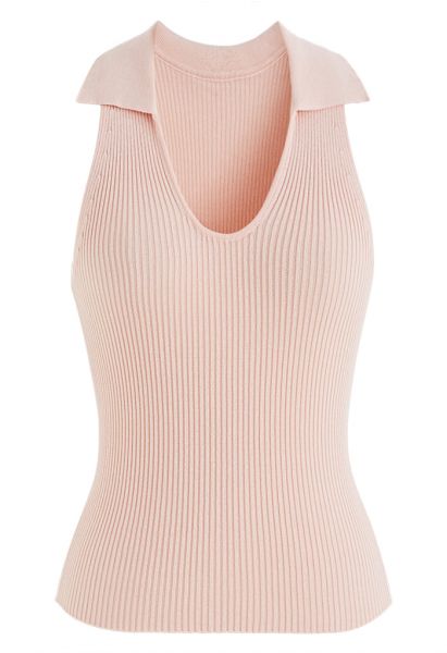 Turn-Down Collar Knit Tank Top in Pink