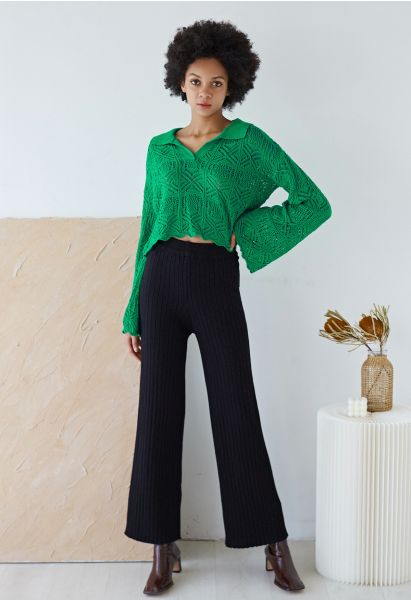 Ribbed Straight Leg Knit Pants in Black