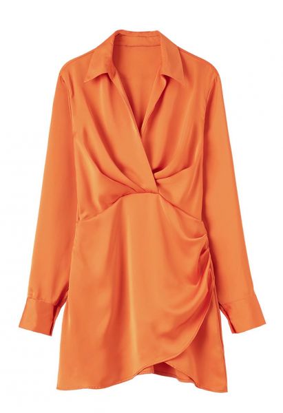 V-Neck Ruched Front Satin Shirt Dress in Orange