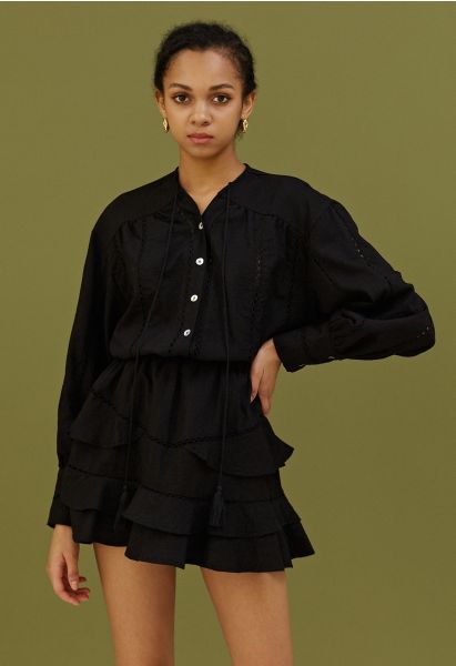 Hollow Out Tassel Shirt and Tiered Mini Skirt Set in Black