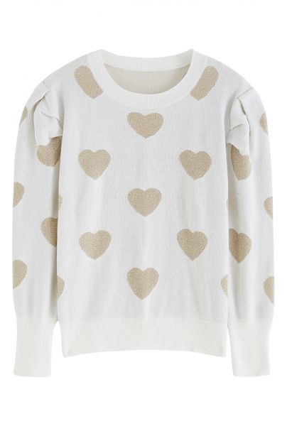 Metallic Heart Puff Shoulder Knit Sweater in Ivory