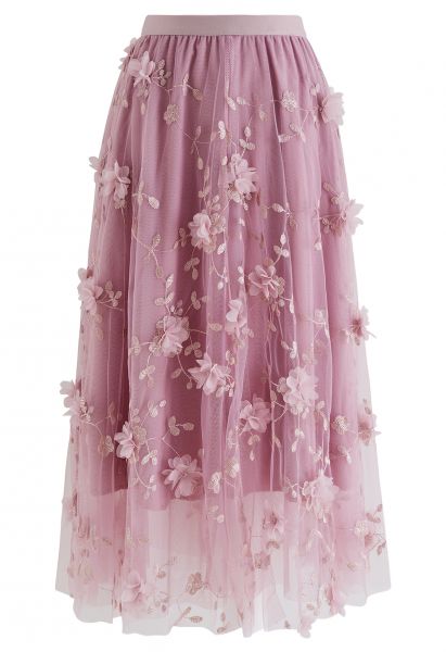 3D Mesh Flower Embroidered Tulle Midi Skirt in Lilac