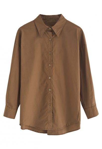 Pointed Collar Button Down Cotton Shirt in Brown