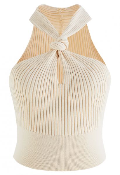 Knot Halter Neck Knit Crop Top in Sand