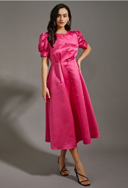 Glossy Satin Button Down Midi Dress in Hot Pink