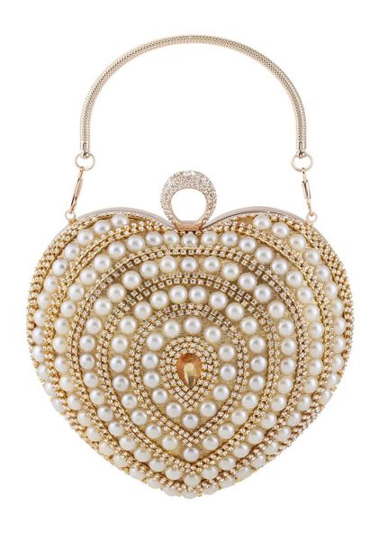 Heart Shape Pearl Decor Clutch in Gold