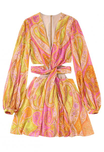 Twisted Cutout Waist Paisley Chiffon Dress