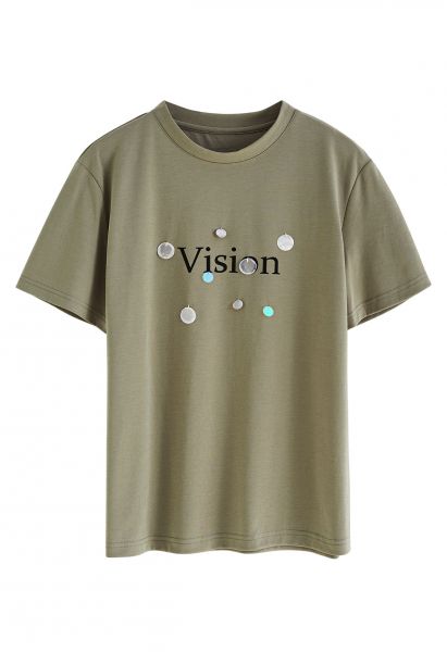 Vision Print Sequin Crew Neck T-Shirt in Sage