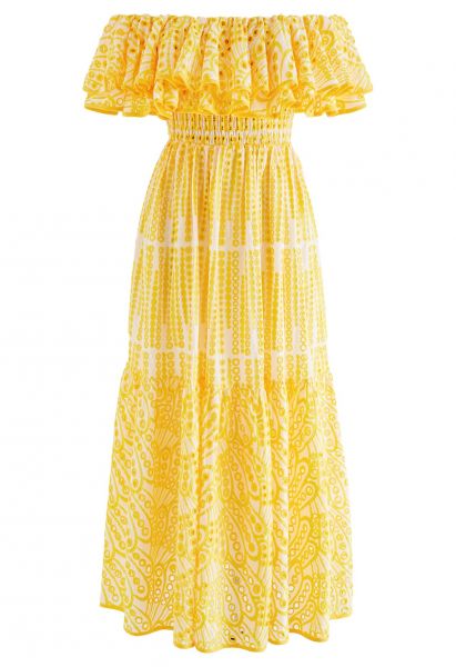 Off-Shoulder Tiered Ruffle Embroidered Eyelet Dress