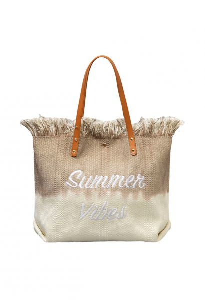 Summer Vibes Two-Tone Canvas Tote Bag in Khaki