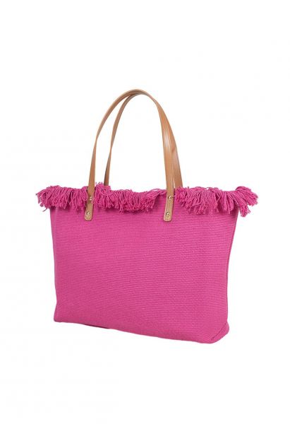 Tassel Trim Canvas Tote Bag in Magenta