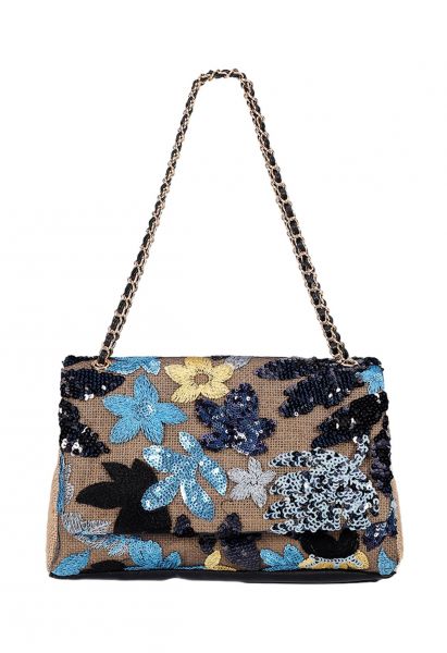 Sequin Floral Embroidered Shoulder Bag in Blue