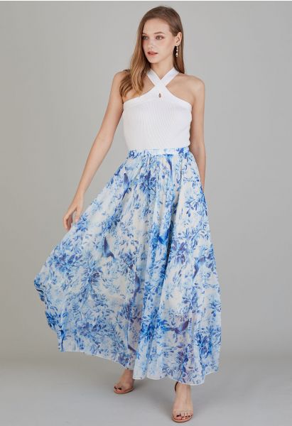 Summer Forest Printed Chiffon Maxi Skirt in Blue