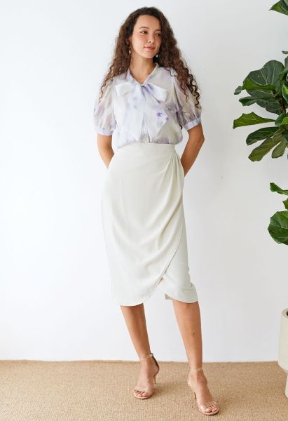 Side Pleated Tulip Midi Skirt in Ivory