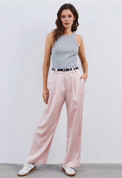 Satin Straight-Leg Pants with Faux Leather Belt in Pink