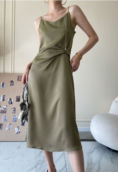 Floral Choker Satin Cami Maxi Dress in Olive - Retro, Indie and Unique  Fashion