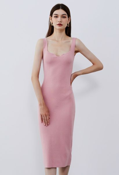 Notch Neckline Bodycon Knit Dress in Pink