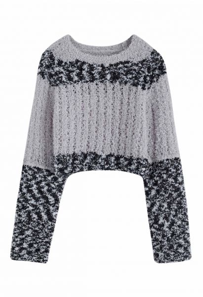 Mix Color Knit Detail Crop Sweater in Grey