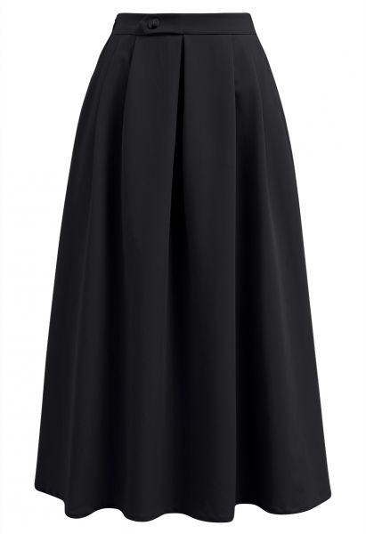 Black Buttons Back-Pleated Skirt
