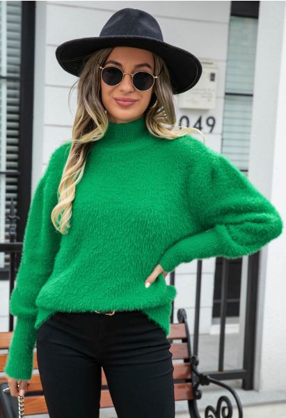 Cozy Perfection High Neck Fuzzy Knit Sweater in Green