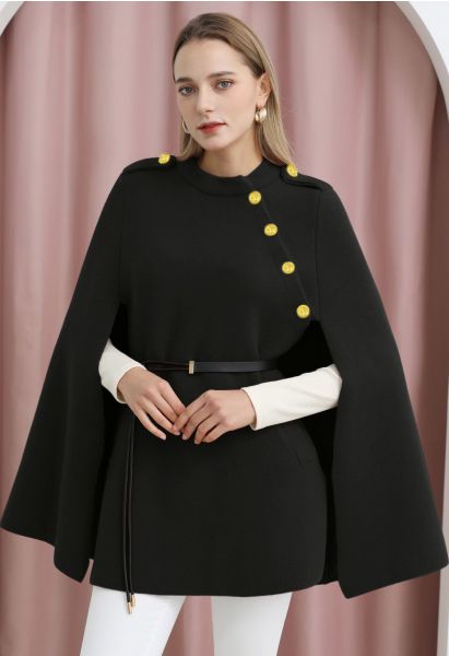 Golden Button Belted Cape Coat in Black