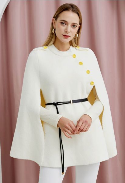 Golden Button Belted Cape Coat in Ivory