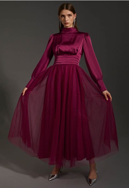 Shine Bright High Neck Tulle Maxi Dress in Burgundy