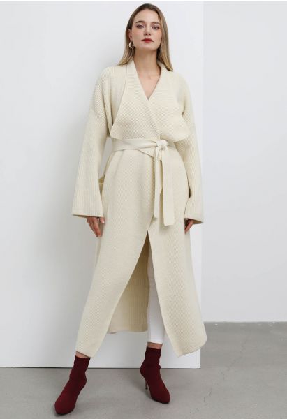 Wide Lapel Tie Waist Longline Knit Cardigan in Cream