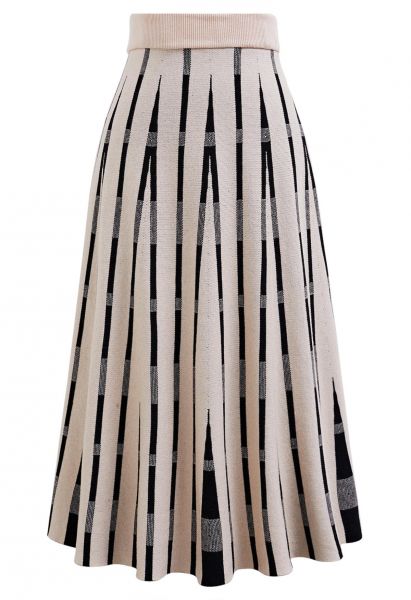 Trendsetting Striped Knit Midi Skirt in Sand