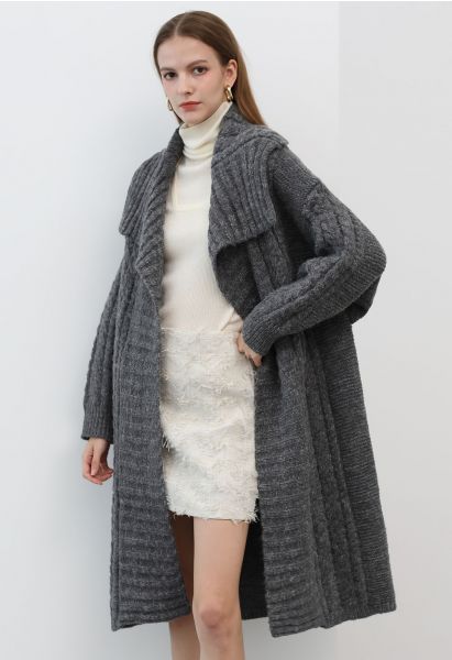 Flap Collar Cable Knit Longline Cardigan in Grey