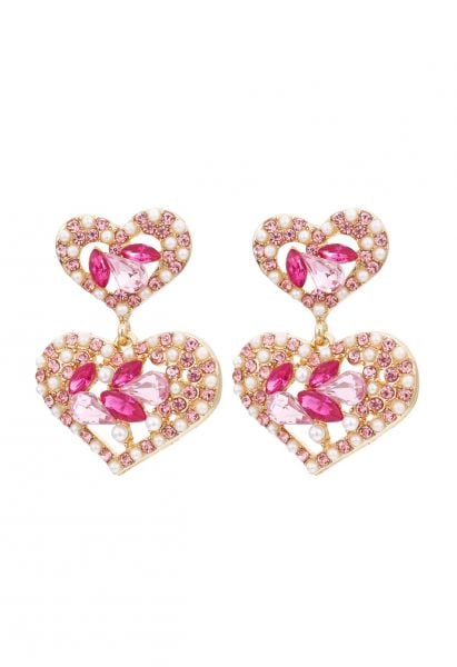 Hollow Out Heart Pearl Crystal Earrings