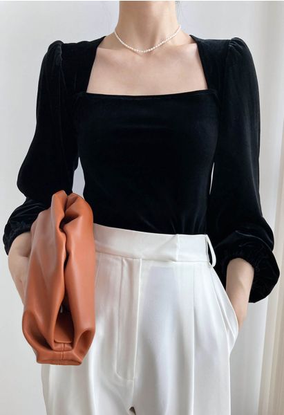 Square Neck Bubble Sleeve Velvet Top