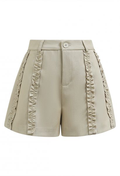 Leisurely Ruffled Trim Buttoned Shorts in Pea Green