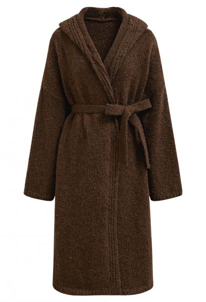 Hooded Belted Longline Knit Cardigan in Brown