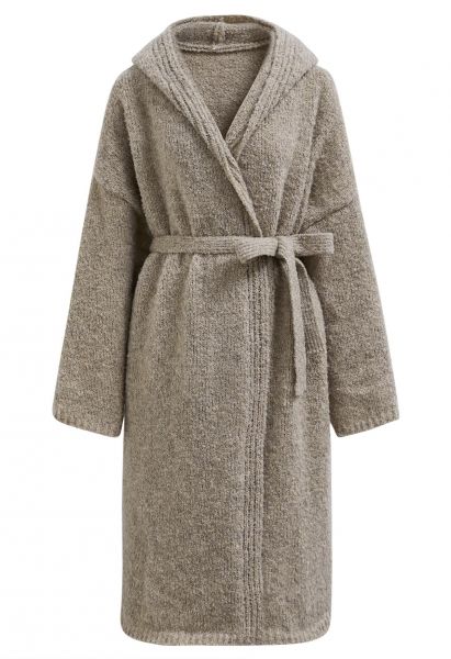 Hooded Belted Longline Knit Cardigan in Taupe