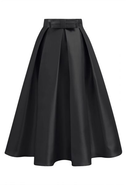 Luxurious Night Bowknot Pleated Midi Skirt in Black