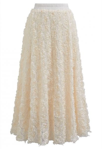 3D Rose Petal Mesh Midi Skirt in Cream